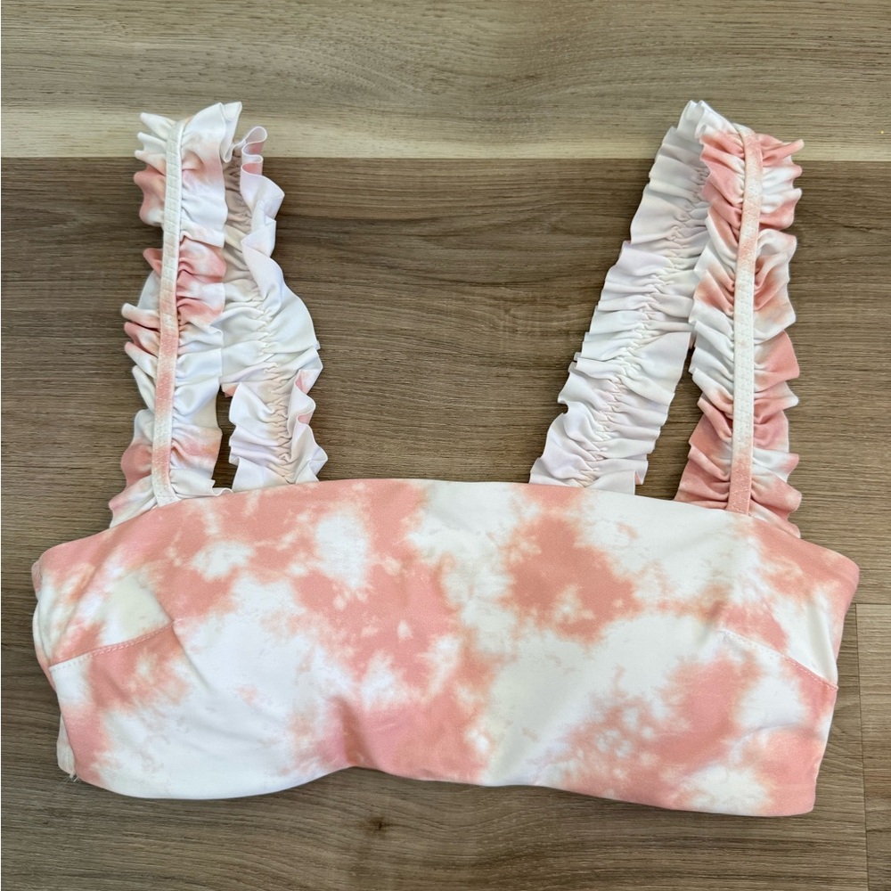 NWT aerie Pink and White Tie-Dye Ruffle Strap Bikini Top